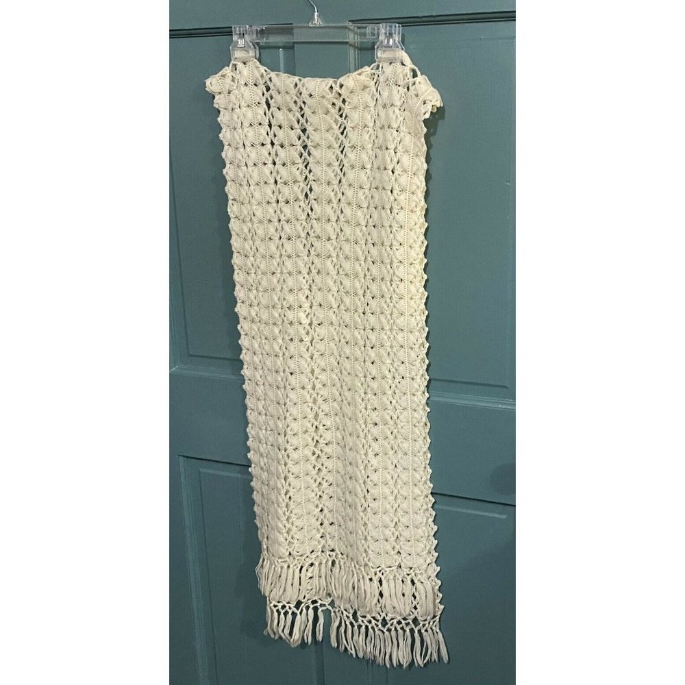 Vintage Lacey Shawl Wrap With Fringe Acrylic Openwork Pattern